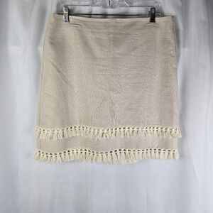 LOFT Women Linen Blend Cream Tiered Boho Tassle Fringe Lined Skirt Size 12
